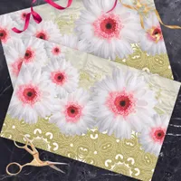 White Gerbera Flowers On Gold White Damask Pattern Tissue Paper