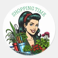 Shopping Time | Funny Retro Plant-Lovers Classic Round Sticker