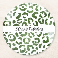 50 and Fabulous Green Cheetah Print Abstract Round Paper Coaster