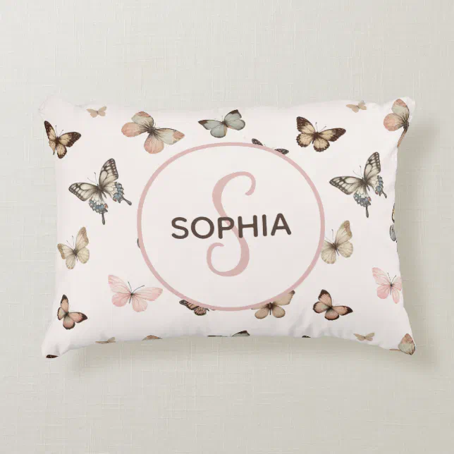 Cute Baby Girl Custom Monogram Butterfly Pattern Accent Pillow