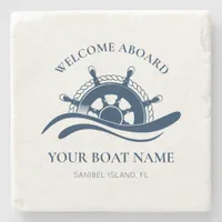 Nautical Boat Name Ship Wheel Welcome Aboard  Stone Coaster