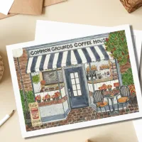 Cute Coffee House Storefront Watercolor Postcard