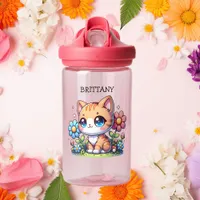 Cute  Orange Kitty Cat in Flowers Personalized Water Bottle