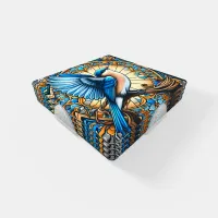 Vibrant Blue Bird Perched on Stained Glass Coaster Set