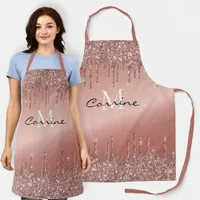 Monogram Rose Gold Dripping Glitter Metallic Name Apron