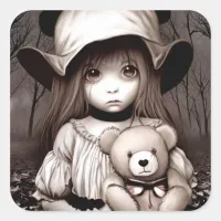 Little Girl with Teddy Bear in Scary Woods Square Sticker