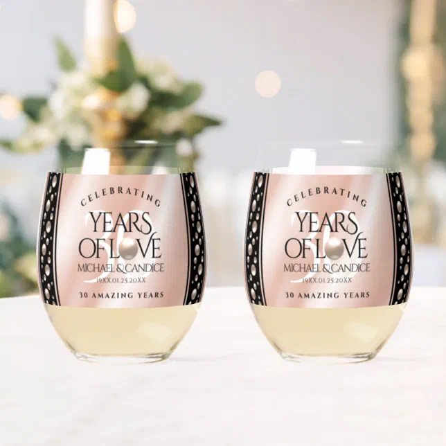 Elegant 30th Pearl Wedding Anniversary Celebration Stemless Wine Glass