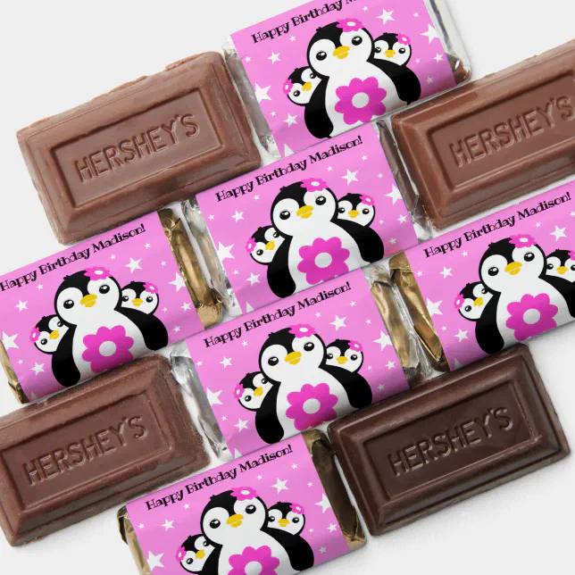 Cute Happy Birthday Girl Penguins Pink Flowers Hershey's Miniatures