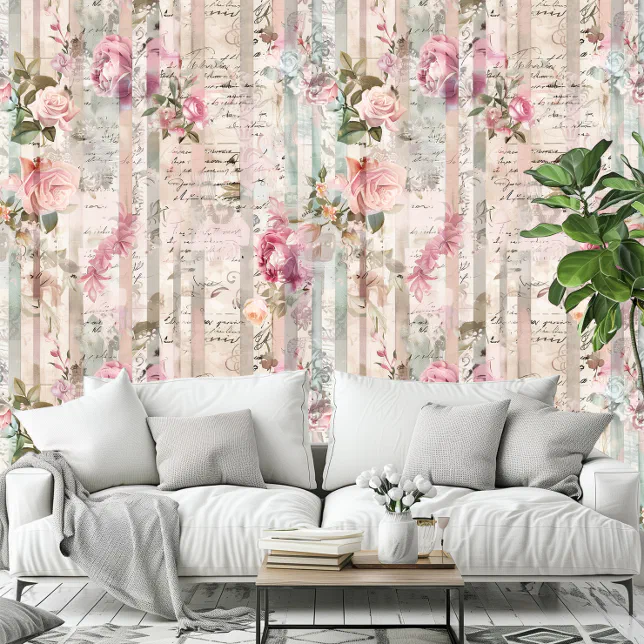 Shabby Chic Vintage Roses Floral Pattern Romantic Wallpaper