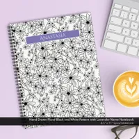 Hand Drawn Floral Black White Pattern Purple Name Notebook