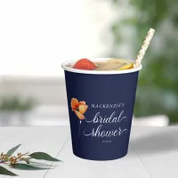 Navy Blue Golden Poppy Bridal Shower Paper Cups