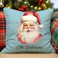 Retro Vintage Santa Claus Blue Christmas Throw Pillow