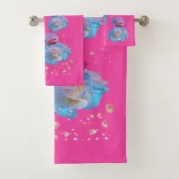 Water Droplets on Pink & Blue Roses on Pink | Bath Towel Set