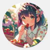 Cute Anime Girl Eating Strawberries | Summer Day Classic Round Sticker