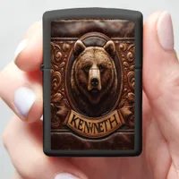 Leather Carved Grizzly Portrait Zippo Lighter