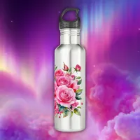 Monogrammed Name Pink Roses | Stainless Steel Water Bottle