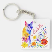 Personalized Watercolor Cat and Flowers  Keychain