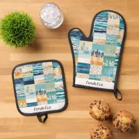 Patchwork Coastal Ocean Beach Seaside Patterned Oven Mitt & Pot Holder Set