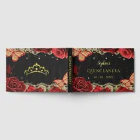 Red Roses Black Gold Lace Butterfly Quinceañera Guest Book