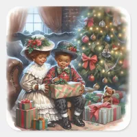 Vintage Kids Opening Christmas Presents  Square Sticker