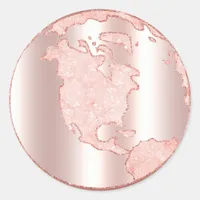 Metallic Rose Gold Glitter + Blush Pink Globe Classic Round Sticker