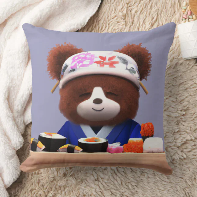 Cute Teddy Bear Sushi Chef Throw Pillow