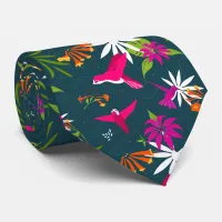 Hummingbird Tropical Flowers and Palms Wedding Neck Tie