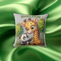 Giraffe and Panda Monogrammed Name | Throw Pillow