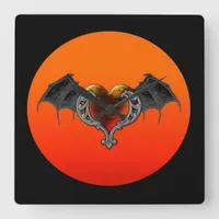 Halloween Goth Orange Heart & Bat Wings Wall Clock