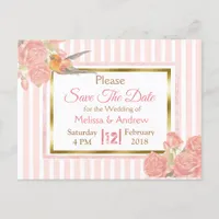 PInk Vintage Bird  Floral Wedding Save the Date Announcement Postcard