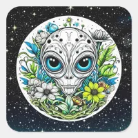 Extraterrestrial Alien in Flowers  Square Sticker