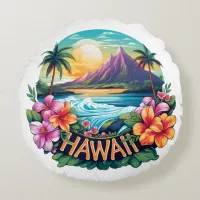 Hawaii Aloha Tropical Beach Mountains Travel Round Pillow