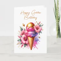 Pretty Pink and Gold Ice Cream Golden Birthday Card