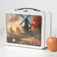 Windmill in Dutch Countryside by River with Tulips Metal Lunch Box