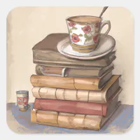 Old Antique Vintage Books and a Cup of Coffee Square Sticker