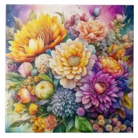 Pretty Colorful Watercolor Ai Art Flowers  Ceramic Tile