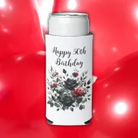 Happy 50th Birthday Red and Black Roses | Seltzer Can Cooler