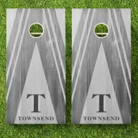 Modern Triangle Stripes Gray Wood Family Name Cornhole Set