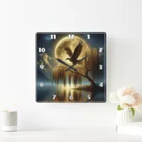 Eagle Majestically Perched on Tree Branch at Night Square Wall Clock