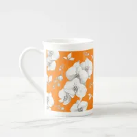 Watercolor White Orchid on Orange | Bone China Mug