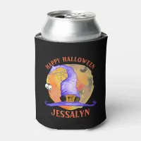 Cute Halloween Purple Witch Hat Spider with Name Can Cooler