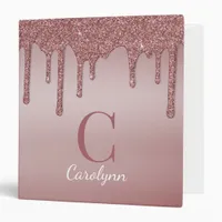 Pink Rose Gold Glitter Sparkle Drips Monogram 3 Ring Binder