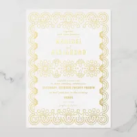 Mexico Scalloped Papel Picado Floral White Wedding Foil Invitation