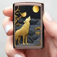 Golden Wolf Howling Under Full Moon at Night Zippo Lighter