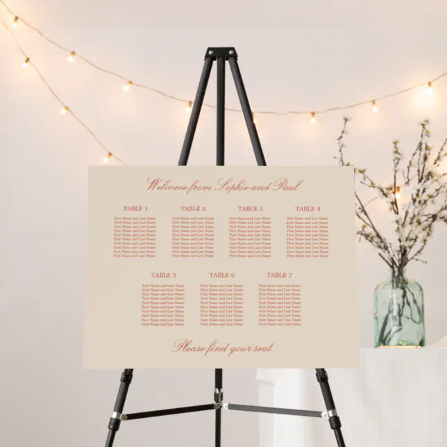 Terracotta Script 7 Table Wedding Seating Chart Foam Board