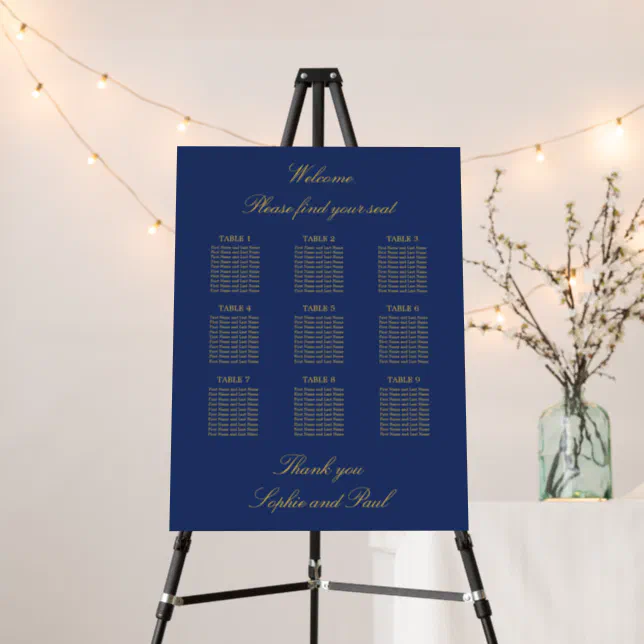 Navy Blue Golden Beige 9 Table Seating Chart Foam Board