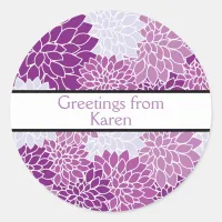 Custom "Greetings From" | Shades of Purple Floral Classic Round Sticker