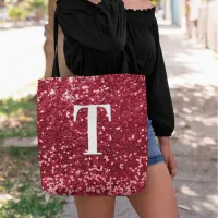 Glam Red Faux Glitter Bokeh Sparkles Monogram Tote Bag