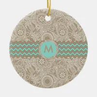 Paisley Chevron Monogram Beige PCMX Ceramic Ornament