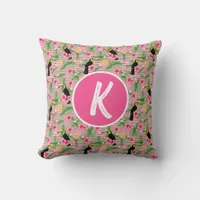 Pink Floral Tropical Bird Monogram Throw Pillow